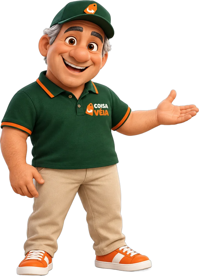 Véio, o mascote da Coisa Véia, de camisa polo verde, apontando com a mão
